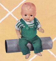 Great vintage doll knitting pattern. A cute little outfit for baby boy doll, shirt, dungerees in double knitting to fit 10" and 12" and 14" and 16" doll,