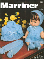 Vintage dolls knitting pattern for dress set including matinee coat and leggings, knickers bootees and bonnet